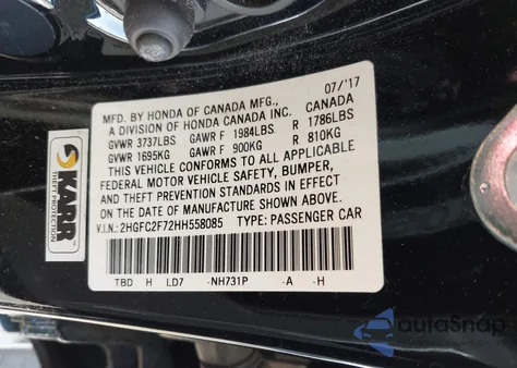 2017 Honda Civic Ex from USA, damaged, VIN 2HGFC2F72HH558085